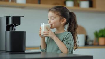 Adorable Little Girl Enjoying a Glass of Milk in Her Cozy Kitchen. A Delightful Moment of Childhood Happiness and Healthy Habits. photo