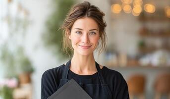 Portrait of a Confident and Smiling Businesswoman in a Cafe Setting. A Professional Woman in a Black Apron, Representing Success a photo