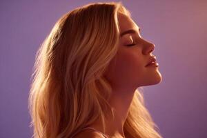 Serene Blonde Woman Profile A Study in Light and Shadow. Peaceful, elegant, and sensual, this portrait captures a moment of tranqu photo