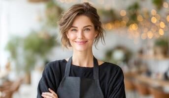 Portrait of a Confident and Smiling Woman Business Owner. Happy Female Entrepreneur in a Casual Setting. Successful Professional i photo
