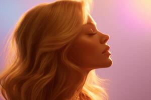 Golden Hour Beauty A Serene Portrait of a Blonde Woman. Illuminated by soft light, this image captures the essence of feminine gr photo
