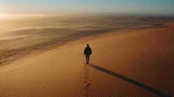 A solitary figure walks along the vast expanse of a desert landscape at sunset, footprints marking their journey across the golden photo