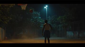Night Basketball Game A Silhouette of a Determined Player on the Urban Court, Under the Spotlight, Shooting for the Hoop. The Esse photo