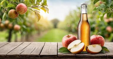 Refreshing Apple Cider in a Bottle, Surrounded by Ripe Red Apples on a Wooden Table in a Picturesque Orchard. A Perfect Summer Dri photo