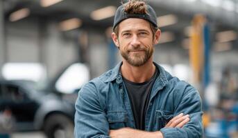 Portrait of a Confident Male Mechanic in His Workshop. A professional and skilled auto repairman, ready to tackle any vehicle mai photo