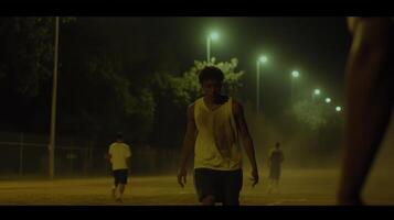 A young athlete walks alone on a dusty field at night, under the glow of streetlights. The image evokes a sense of exhaustion and photo