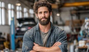 Portrait of a Confident Male Mechanic in His Workshop. A Professional Auto Repairman with Crossed Arms, Displaying Expertise and S photo