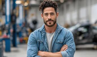 Portrait of a Confident Male Mechanic in a Denim Shirt. A Professional and Skilled Auto Repairman in His Workshop. Image Depicts photo