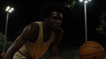 Night Basketball Game Intense Streetball Action Under the Lights. A Focused Athlete Shows Determination and Passion for the Game. photo