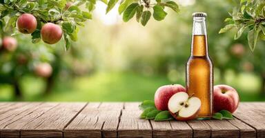 Refreshing Apple Juice in Bottle on Wooden Table with Apples and Orchard Background A Perfect Summer Drink photo