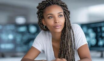 A Pensive Woman Portrait of a Thoughtful Black Woman with Dreadlocks, Dreaming of the Future. A Calm and Confident Expression, In photo