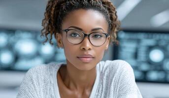 Portrait of a Confident Young Black Woman in Glasses. A Shot Showing Her Serious Expression and Professional Appearance in an Off photo