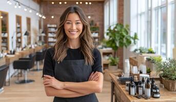 Confident Businesswoman, Salon Owner, Smiling, Successful Entrepreneur in Modern Hair Salon. Small Business, Beauty, Wellness, and photo