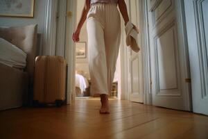 Woman in elegant pants walks barefoot in a luxury hotel room, carrying a suitcase and towel. The calm atmosphere and stylish inter photo