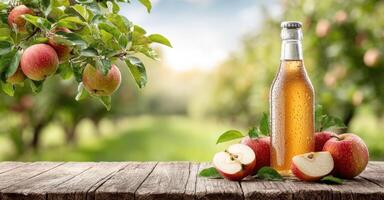 Refreshing Apple Juice Bottle in Orchard Setting A Summer Delight. Enjoy the taste of fresh, crisp apples in a picturesque orchar photo