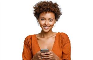 A Stunning Portrait of a Young Woman Smiling While Using Her Smartphone. The Image Captures Her Joyful Expression and Modern Style photo
