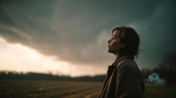 Woman Contemplating at Sunset A Peaceful Moment in the Countryside. A thoughtful portrait capturing the serene beauty of nature a photo