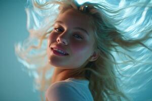 Stunning Blonde Woman in Captivating Pose A Captivating Portrait of Beauty and Allure. The image showcases a model with flowing b photo