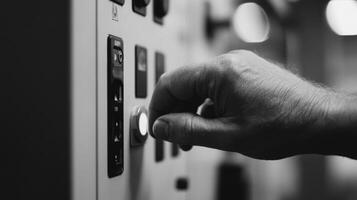 A Shot of a Hand Pressing a Button on an Industrial Control Panel. The image is in black and white, emphasizing the textures and photo