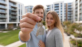 Happy Couple Holding Keys to New Apartment in Modern Building. Real Estate, Homeownership, and New Beginnings Concept photo