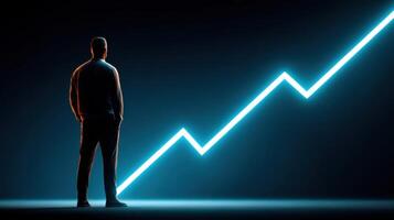 Business Growth A Vision of Progress and Success. This image depicts a man looking at an upward trending graph, symbolizing ambiti photo