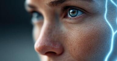 portrait of a womans face, showcasing her intense blue eyes and the texture of her skin. The image evokes a sense of mystery and c photo