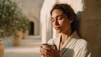 Serene Woman Enjoying a Moment of Peace and Tranquility in a Luxurious Resort Setting. The Golden Hour Sunlight Bathes the Scene i photo