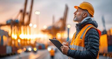 A Focused Port Authority Supervisor Oversees Cargo Operations at Sunset. The image depicts a dedicated worker using a checklist, e photo