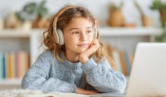 A Pensive Young Girl with Headphones, Studying on Her Laptop at Home. A Scene of Focused Learning and Digital Education. photo