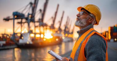 A dockworker looks towards the sunset at a busy port, overseeing the shipping containers and cranes. The scene captures the essenc photo