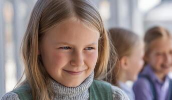 Portrait of a smiling girl with blond hair. This image captures the innocence and joy of childhood. The childs happy expression an photo