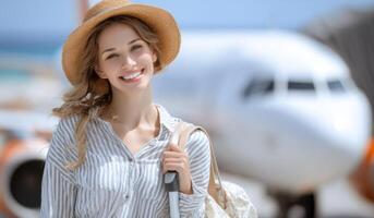 Smiling Woman in Straw Hat at Airport, Ready for Summer Vacation, Travel, Tourism, Journey, Trip, Holiday, Adventure, Wanderlust, photo