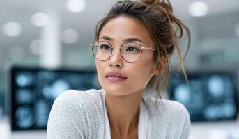 Portrait of a Thoughtful Young Woman in Modern Office Setting. A stylish female model wearing glasses, contemplating ideas. Profe photo