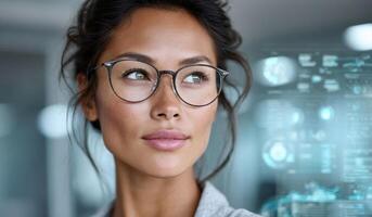 Portrait of a Thoughtful Woman in Glasses, Pensive Expression, Looking to the Future, Technology, Modern Business, Stylish and Ele photo