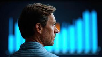 A pensive businessman contemplates financial charts, symbolizing the complexities and decisions within the business world. The ima photo