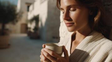 Woman in Robe Enjoying a Moment of Peace with a Cup of Tea in the Sunlight. A Calming and Serene Lifestyle Image. photo