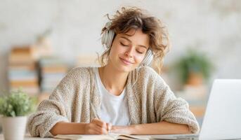 Woman Relaxing at Home, Listening to Music While Writing in a Notebook. Cozy Atmosphere, Peaceful Mood, Self Care, and Mindfulness photo
