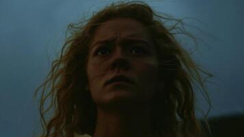 A Pensive Gaze A Dramatic Portrait of a Young Woman with Windblown Hair, Contemplating the Unknown. Her Expression is Thoughtful a photo