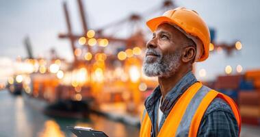 A pensive port worker contemplates the future of global trade and maritime logistics, amidst a bustling cargo port at sunset. The photo