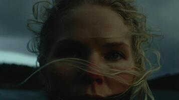 Portrait of a Woman with Windblown Hair, Dramatic and Moody Photography, Ocean Background photo