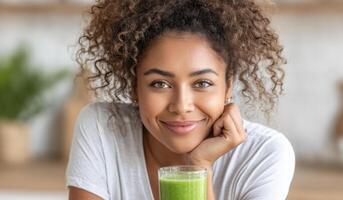 A Happy Woman Enjoying a Refreshing Green Smoothie. This image depicts a healthy and vibrant lifestyle choice, promoting wellness photo