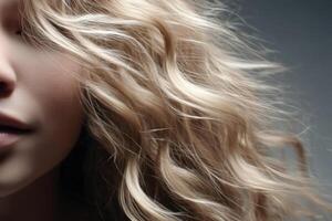 view of a womans face and blonde hair, showcasing its beauty, texture, and style. The image exudes elegance, youth, and a healthy photo