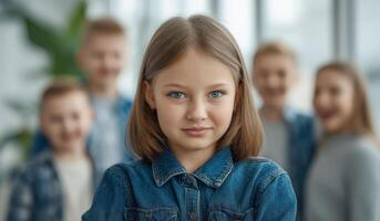 Portrait of a Smiling Girl with Friends in the Background. A Captivating Image Showcasing the Joy and Innocence of Childhood, Perf photo