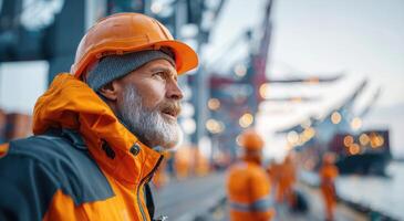 A pensive dockworker gazes out at the bustling port, contemplating the days work and the vastness of the sea. The image captures t photo