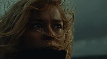 Windswept Beauty A Portrait of a Woman with Blonde Hair. The image captures a captivating look, full of emotion and mystery, in a photo