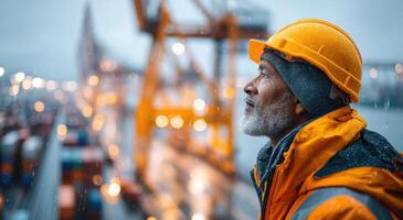 A Contemplative Dockworker A Day in the Life of a Port Worker Amidst the Rain and Cargo. The image shows a man in a yellow helmet photo