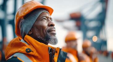 Portrait of a Construction Worker A Pensive Gaze, Hard Hat, and Orange Jacket. The image conveys themes of labor, industry, and de photo