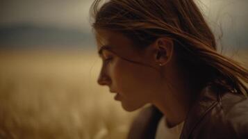 Pensive Woman in a Golden Field A Portrait of Serenity and Beauty. The soft light of sunset illuminates her face, creating an evo photo