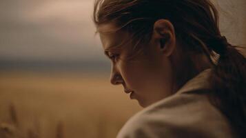 A Pensive Young Woman in a Field A Portrait of Serenity and Contemplation. The image captures a moment of quiet reflection, showca photo