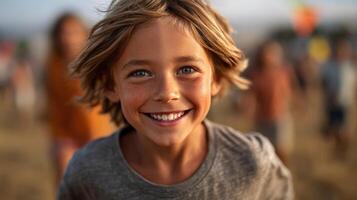 A Happy Childs Portrait Joyful Expression of Youth and Innocence in a Festive Outdoor Setting photo
